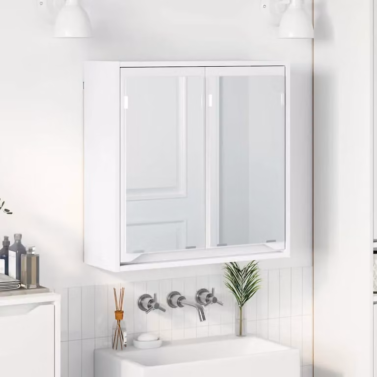 Mobiletto da bagno con specchio e ante in vetro vidaXL Bianco L: 60 cm, P: 20 cm, H: 60 cm