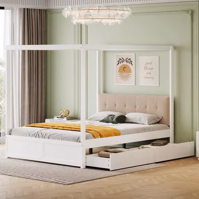 Letto per bambini a tenda 140 × 200 cm con 2 cassetti e schienale imbottito, senza materasso, bianco in legno