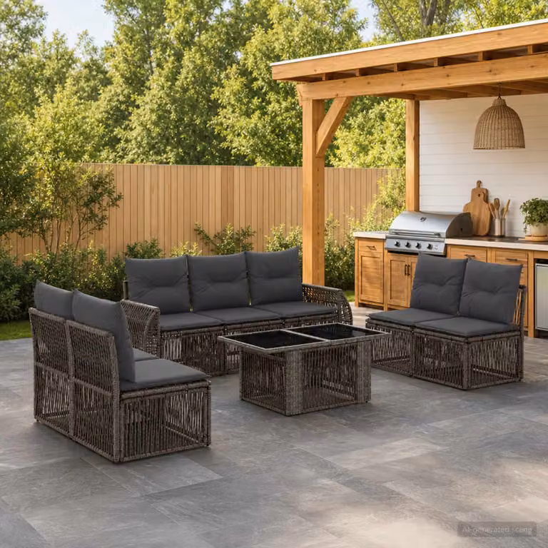 Set Divano da Giardino vidaXL 8 pz a forma a U in Polyrattan Grigio e Antracite con Tavolino e Cuscini