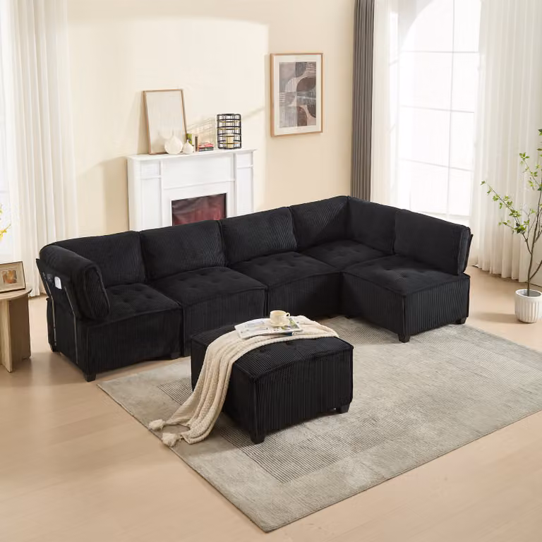 LVHOM Divano modulare a U 308 x 82 x 154 cm, 6 posti con funzione letto, divano angolare modulare in corda, divano trasformabile in schiuma, set di divani, nero