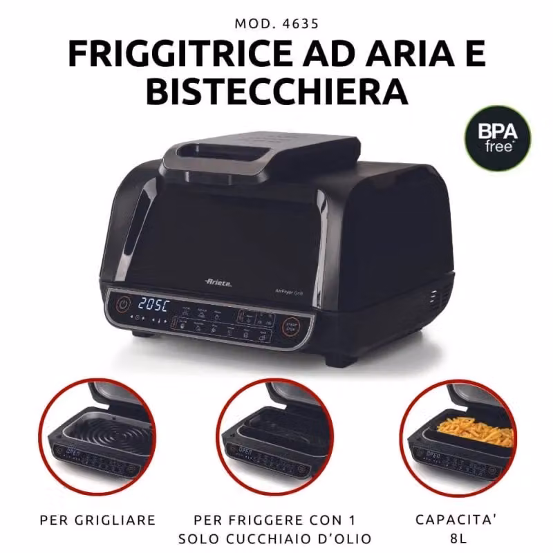 Friggitrice ad aria e griglia Ariete da 8L con display digitale e 1700W, colore nero – 2