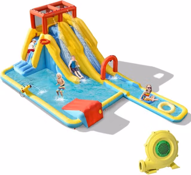 Castello Gonfiabile 8 in 1 per Bambini, con 2 Scivoli, Cannone ad Acqua, Parete di Arrampicata, con Borsa di Trasporto e Kit di Riparazione, per 3 Bambini di 3-10 Anni, 622 x 335 x 225 cm