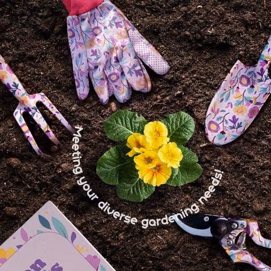 Set di 5 utensili da giardino Unyqoos® con motivo floreale: confezione regalo, guanti, paletta, rastrello, manici ergonomici e cesoie da potatura in lega di alluminio e acciaio