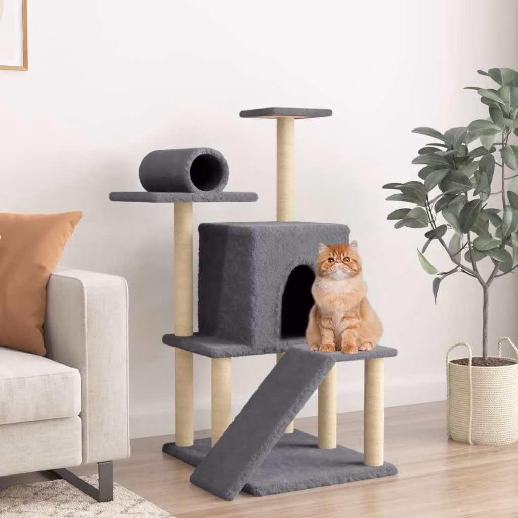 Albero per gatti vidaXL con tiragraffi in sisal e cuccia, colore grigio, Altezza: 110,5 cm
