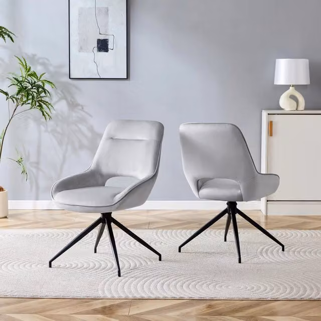 Set di 2 sedie da pranzo girevoli 360 gradi MINIMAL in velluto grigio chiaro con gambe in metallo nero