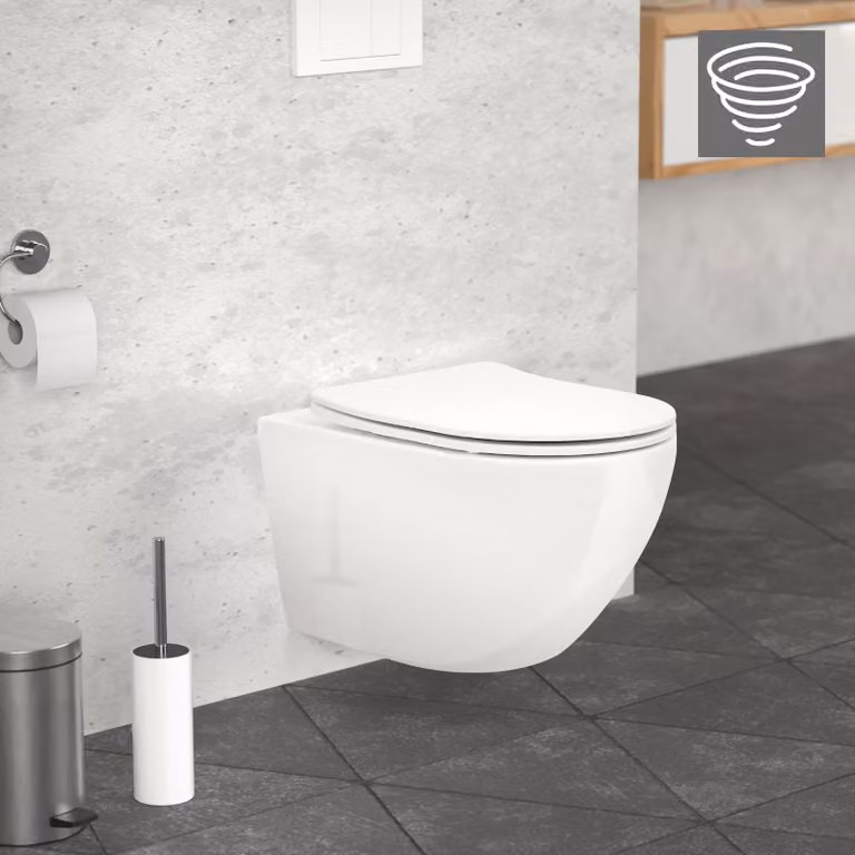 LuxeBath WC sospeso senza bordo, bianco, lungo, scarico Tornado