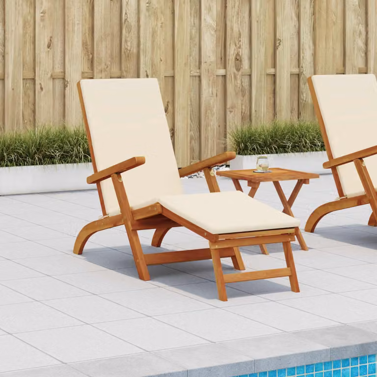 vidaXL Lettino prendisole reclinabile e pieghevole in legno di acacia marrone e beige con poggiatesta regolabile e braccioli L/P/H: 146 x 55 x 91 cm