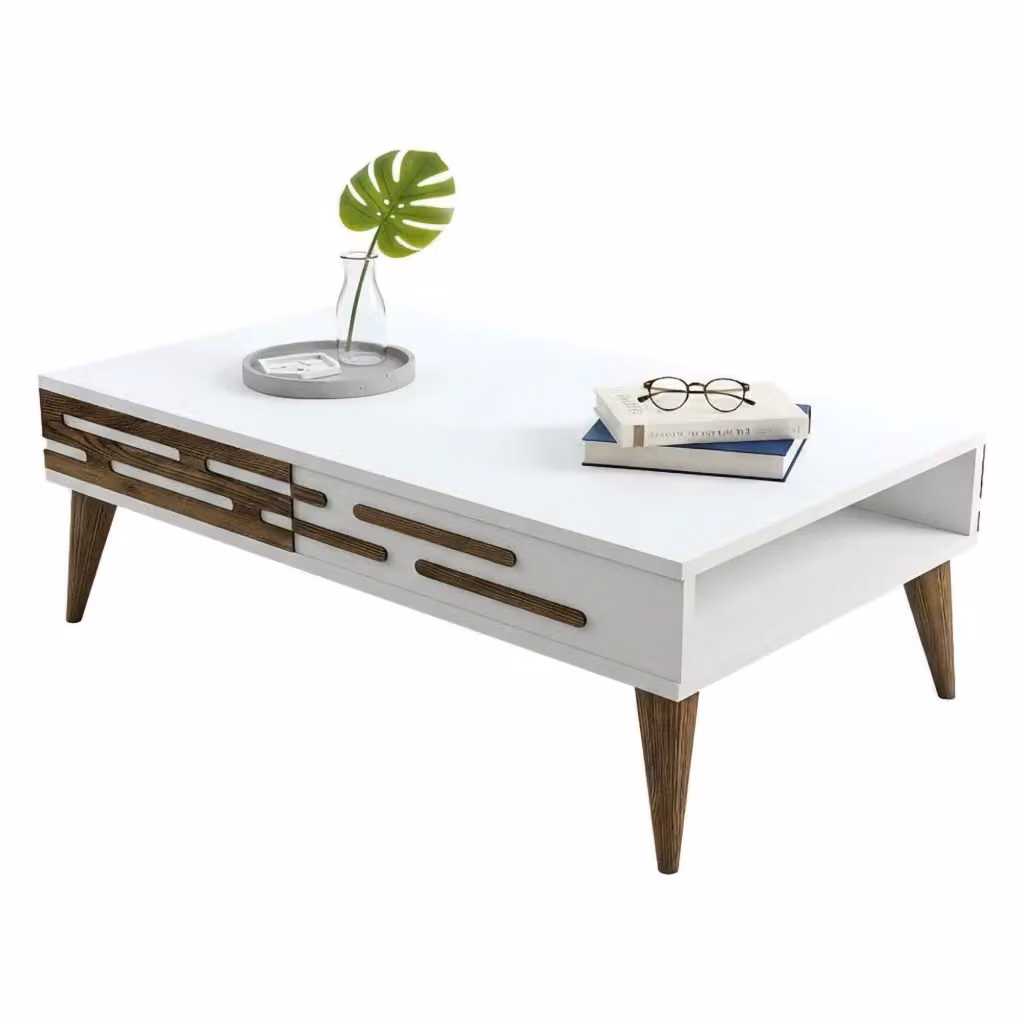 Tavolino da salotto Mansuk DMORA, tavolo basso rettangolare con portariviste, L: 105 cm, P: 35 cm, H: 60 cm, Noce e Bianco – 2