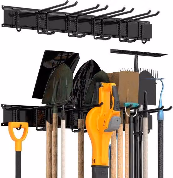 Scaffale da parete per attrezzi con supporti regolabili, per garage e giardino, fino a 136 kg, 6 ganci e 2 guide