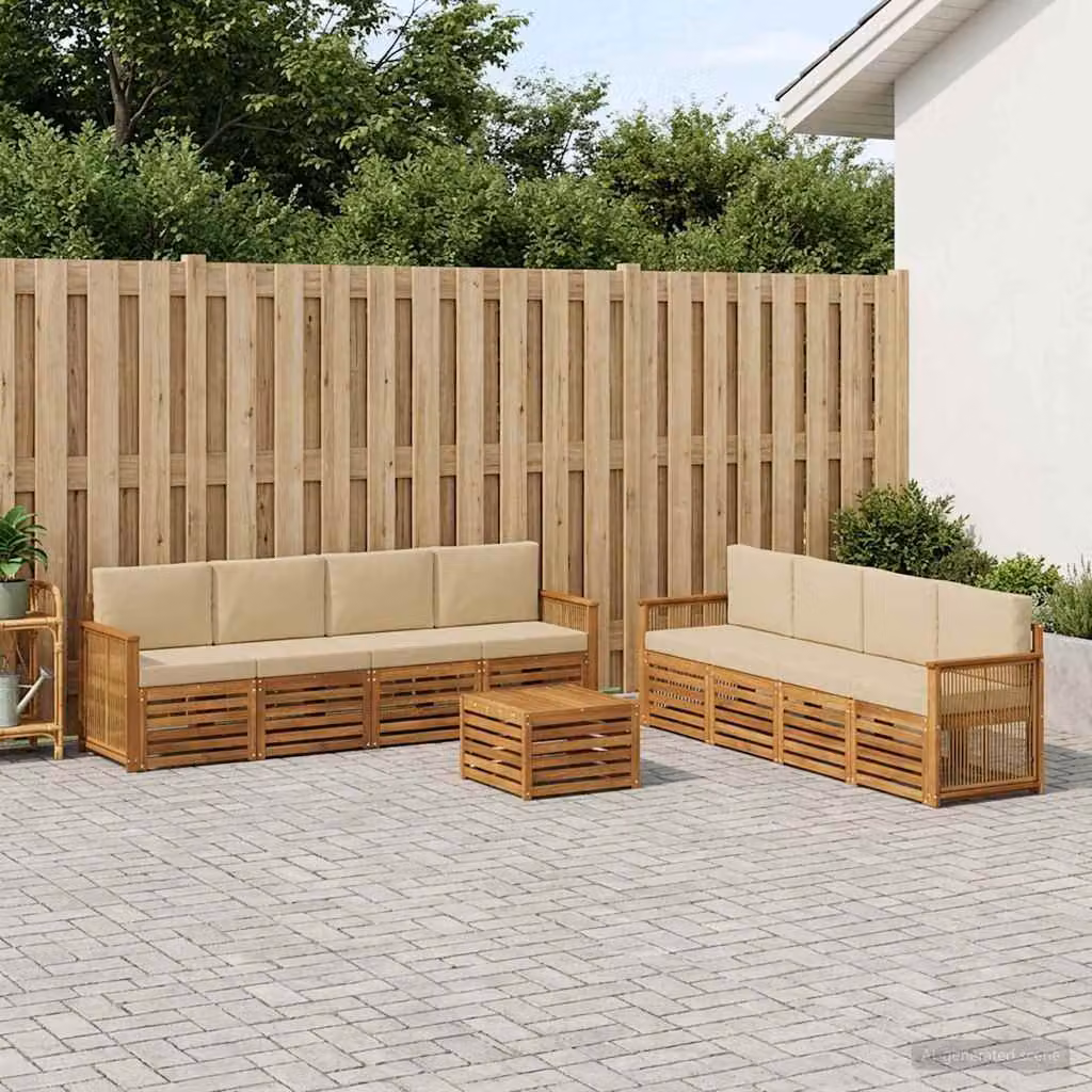 vidaXL Set di divani da esterno 9 pz in legno di acacia con cuscini, Beige e Marrone