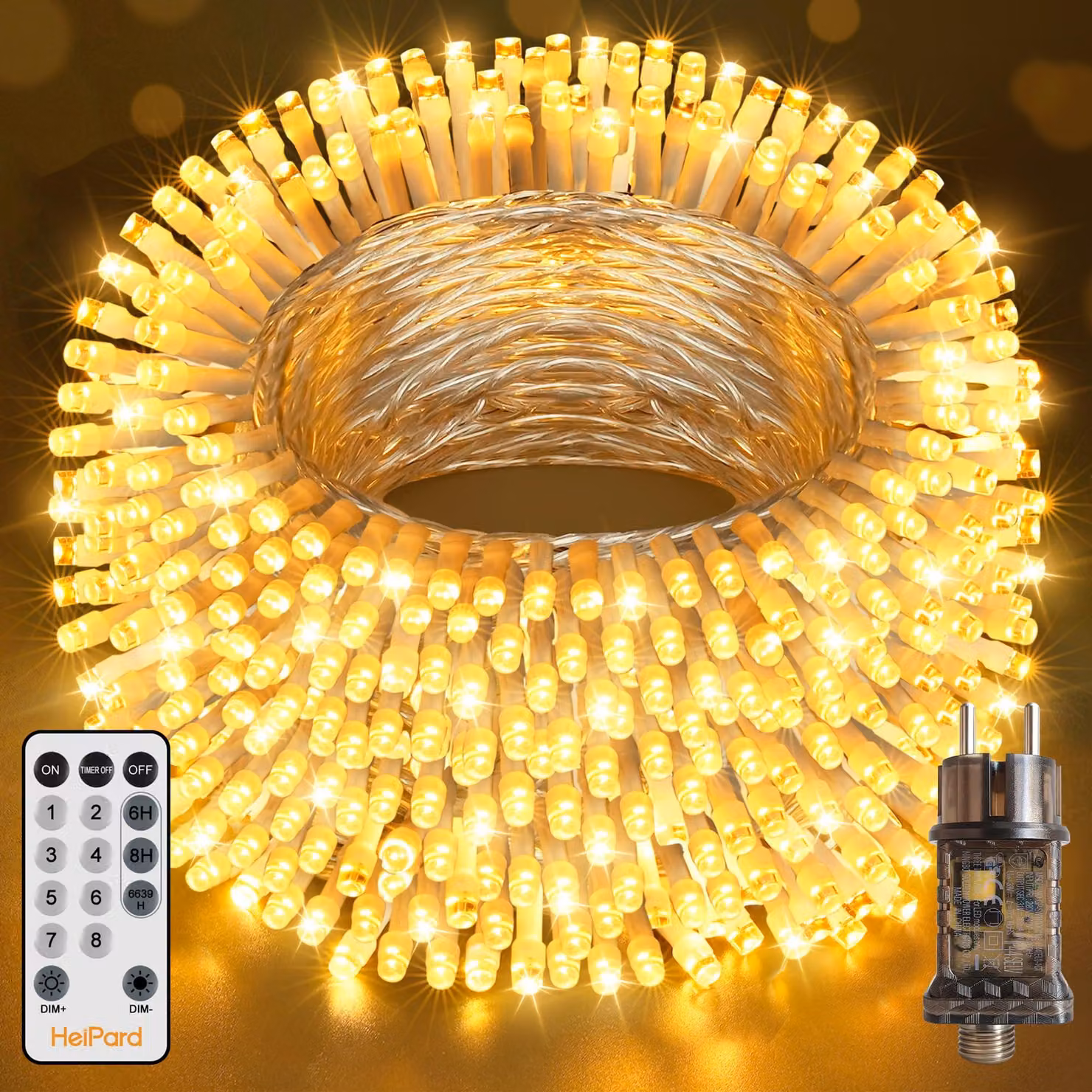 Catena luminosa da 50 metri, con 500 LED bianco caldo, timer e telecomando