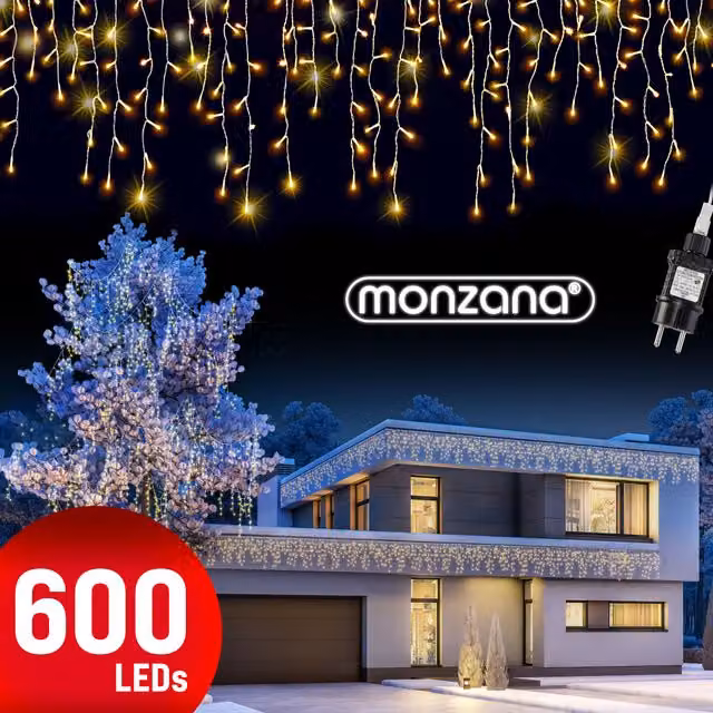 Luci di Natale a Tenda Monzana con 600 LED Bianco Caldo, Lunghezza 20 m, Protezione IP44