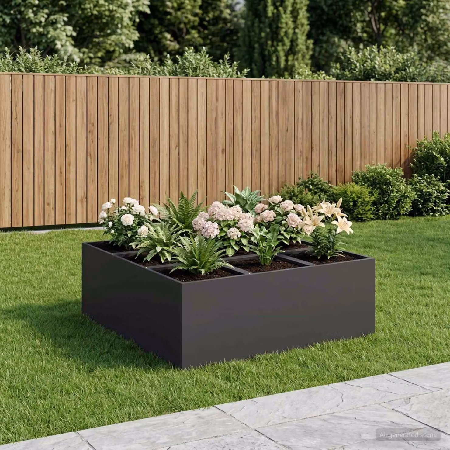 Vaso da giardino vidaXL in metallo nero L: 100 cm, P: 100 cm, H: 20 cm