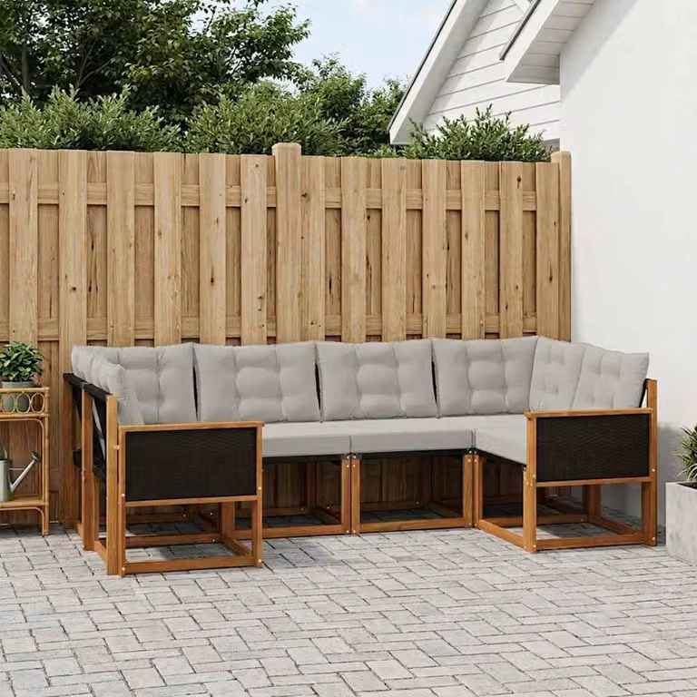 Set di divani da esterno vidaXL 6 pz in legno di acacia con cuscini in tessuto textilene, colore naturale e grigio chiaro