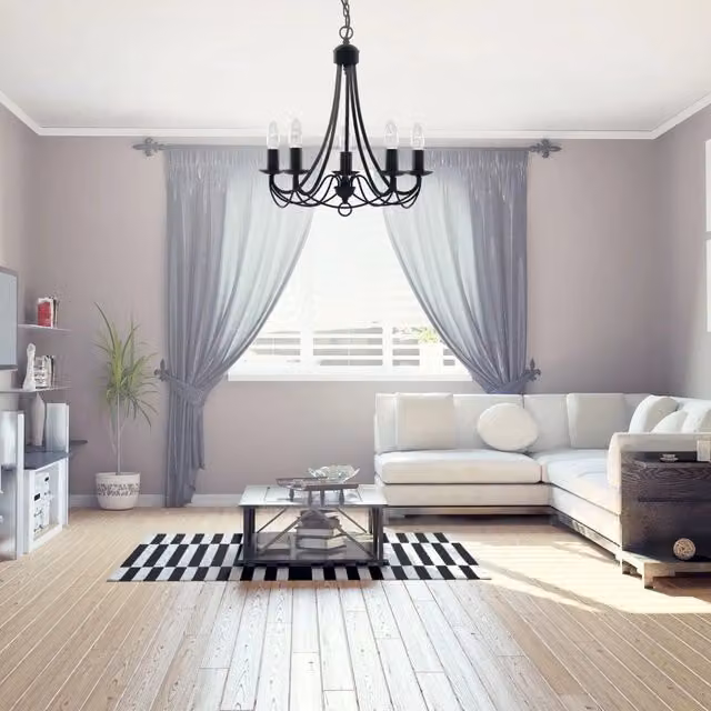 Lampadario a sospensione Searchlight in metallo nero con 5 luci E14 e vetro trasparente in stile industriale