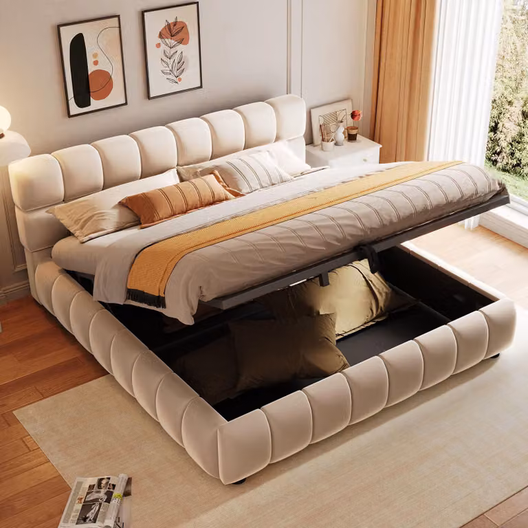 Letto imbottito Merax 140x200cm con contenitore idraulico, letto matrimoniale con tessuto in velluto e rete a doghe, testata con design voluminoso, beige