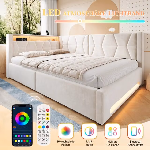 Letto contenitore Mivray in velluto beige con testiera imbottita, illuminazione LED e porte di ricarica USB e Type-C, L/P/H: 140 x 200 cm