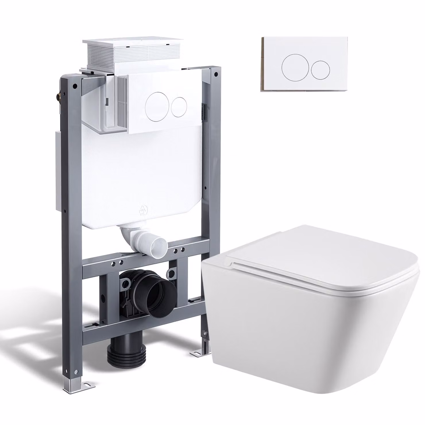 HOROW Set di toilette senza filo da 82 cm - cassetta di scarico + WC sospeso + piastra di spinta rotonda bianca