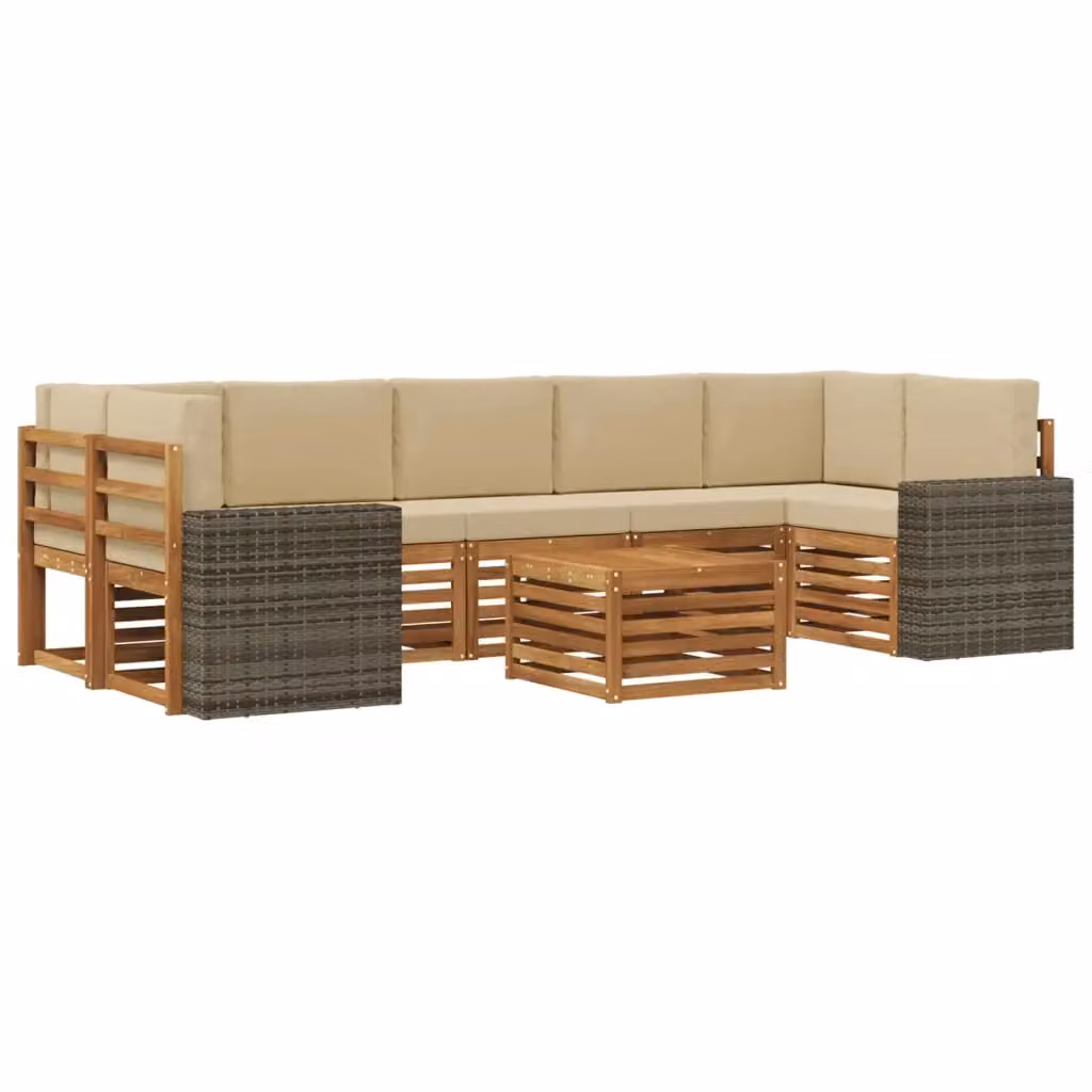 Set di divani da esterno vidaXL in legno di acacia con tavolo da caffè e cuscini, 8 pezzi, Beige e Marrone – 2