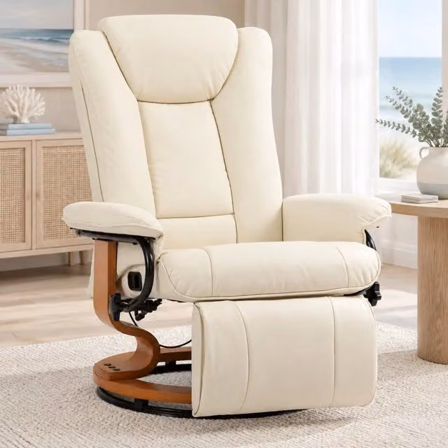 Poltrona relax girevole reclinabile con poggiapiedi in pelle rigenerata bianco crema