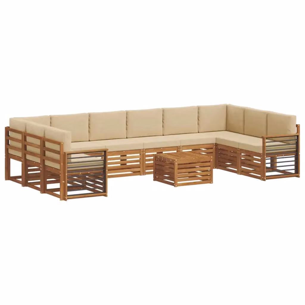 Set di divani da esterno a forma di U vidaXL in legno di acacia con tavolino e cuscini, Beige e Marrone – 2