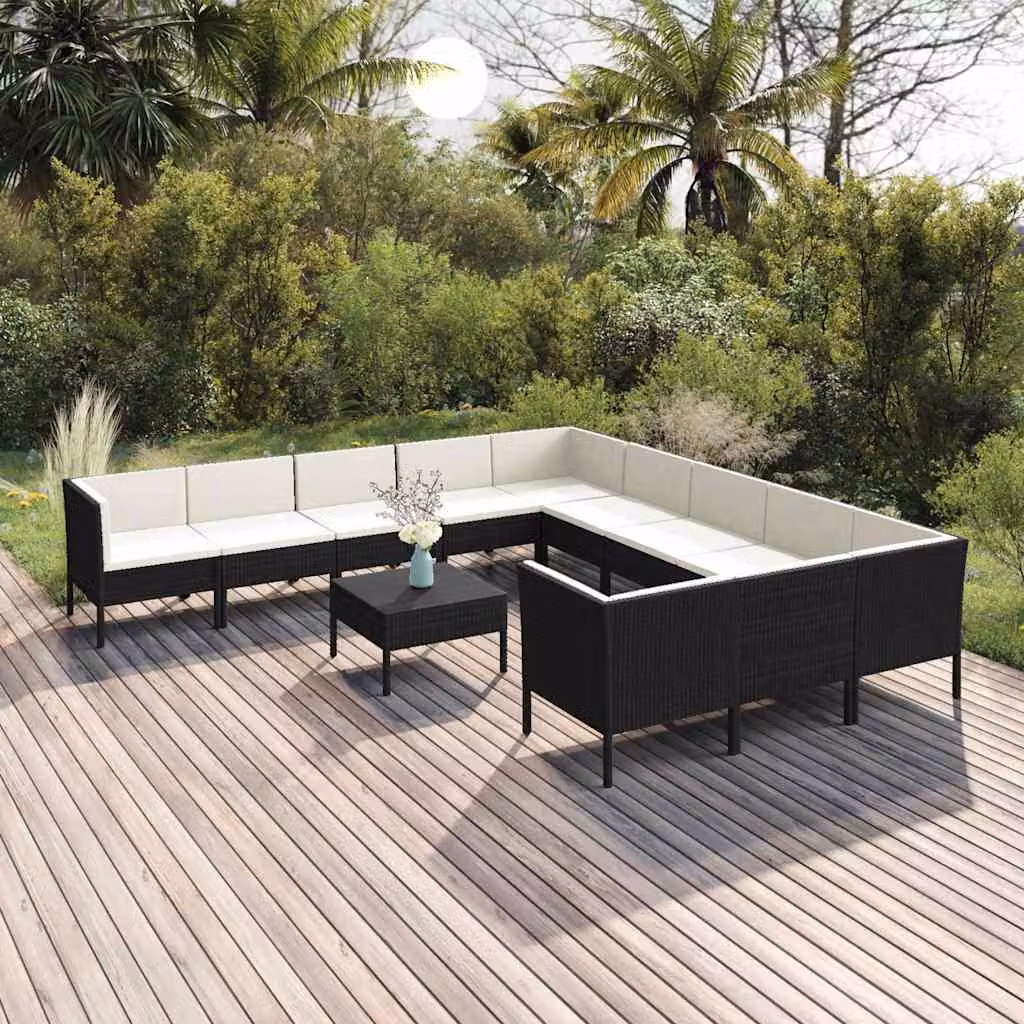Set da giardino vidaXL a forma di U composto da 12 pezzi con divani a 3 posti, elementi angolari, tavolino da caffè e cuscini bianchi con struttura in metallo nero e rattan