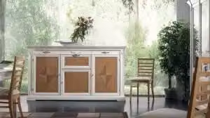 Credenza Charlotte Kivio in legno massiccio bianco e noce con decoro geometrico shabby chic