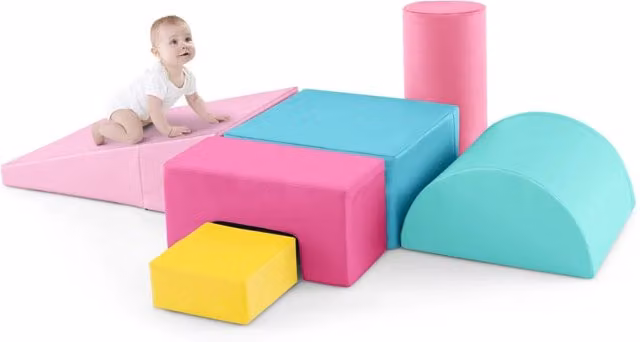 Set di blocchi rampicanti in schiuma Design Mania per bambini, giocattoli educativi indoor rosa e multicolore per lo sviluppo motorio e creativo
