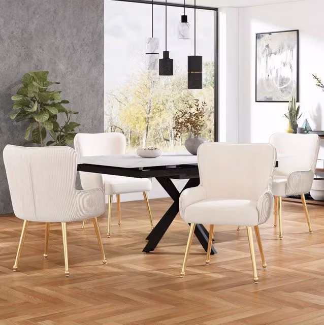 Set da 4 sedie da pranzo in velluto beige e oro, con braccioli, schienale ergonomico e piedi in metallo regolabili, per soggiorno e sala da pranzo