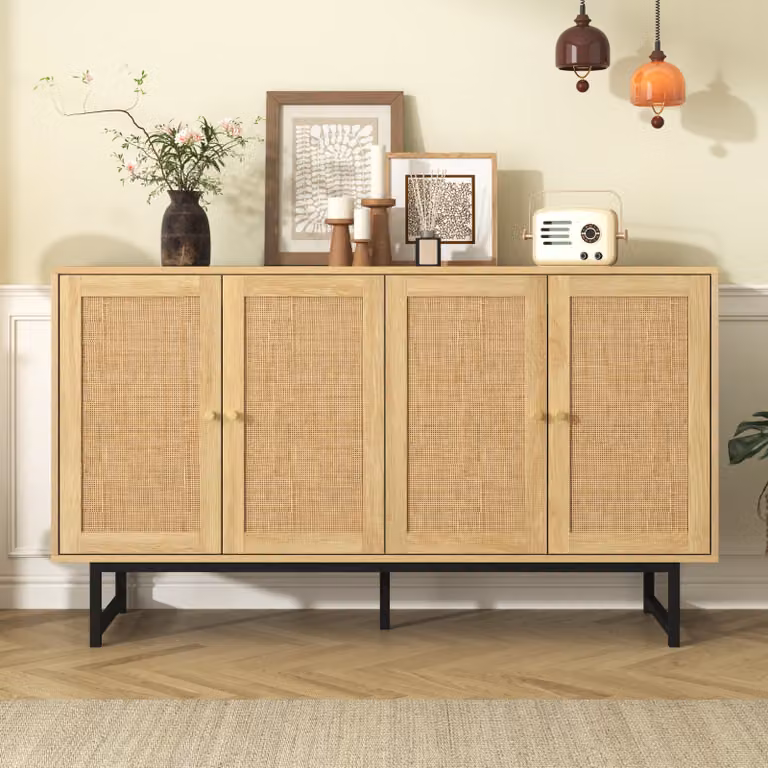 MERAX credenza a 4 ante in rattan mobile contenitore credenza in rattan wicker cassettiera ad ante, larghezza:140cm