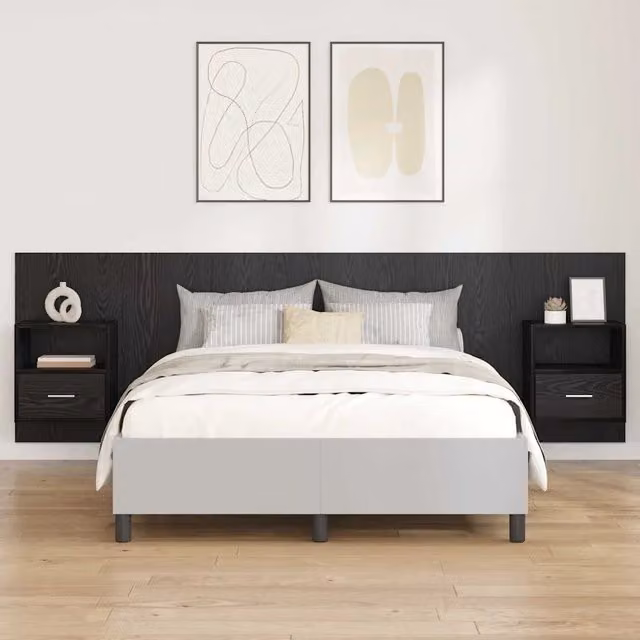 Testata con Comodino 3 pz-Set di 3 Testiera con Contenitore Rovere Nero Legno multistrato 703399