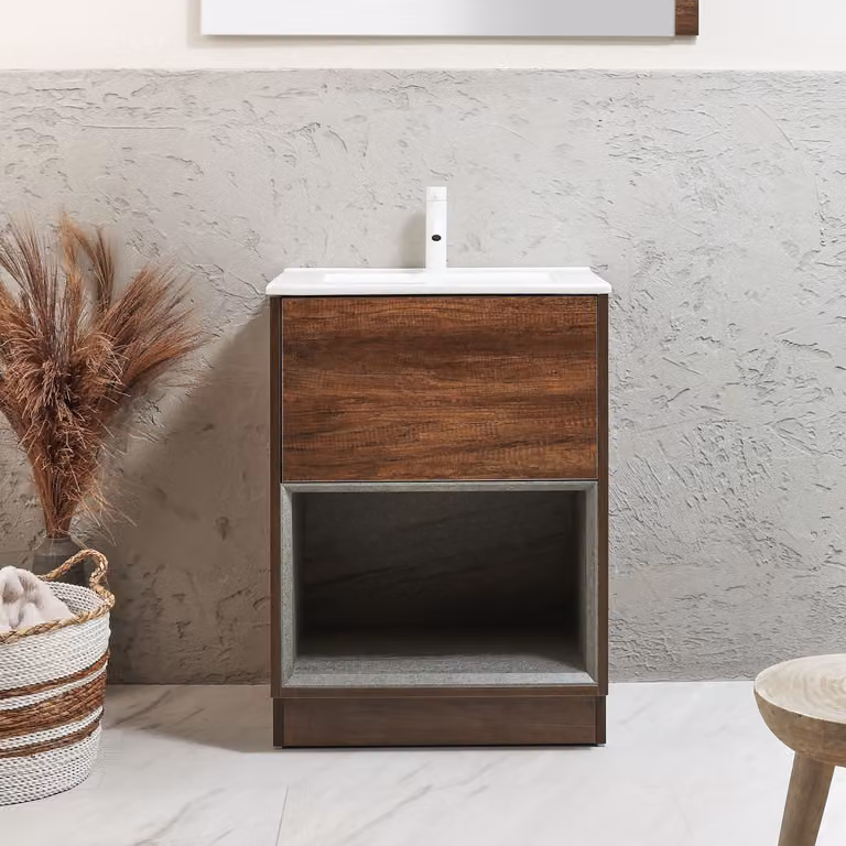 Mobile Bagno con Ripiano Aperto in Rovere Scuro da 612mm con Lavabo Bianco (Chalk) - Hoxton