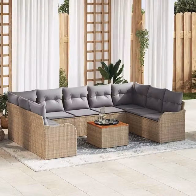Set Divano da Giardino a Forma di U vidaXL in Polyrattan con Cuscini Beige e Grigio – 1