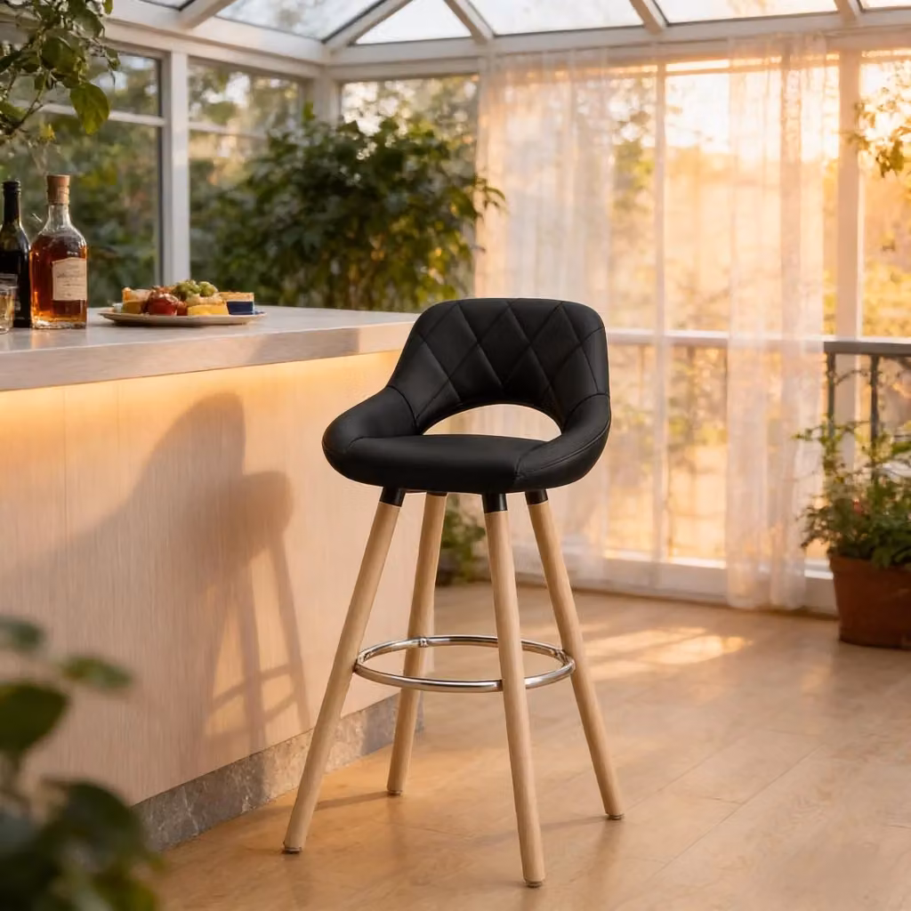 Sgabello da bar MIVRAY con schienale in similpelle nero e gambe in legno, altezza seduta: 68 cm – 2