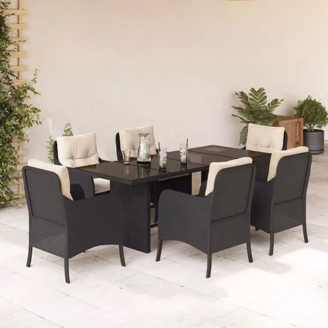Set da Pranzo da Giardino 7 pz Nero con Cuscini in Polyrattan 3211878