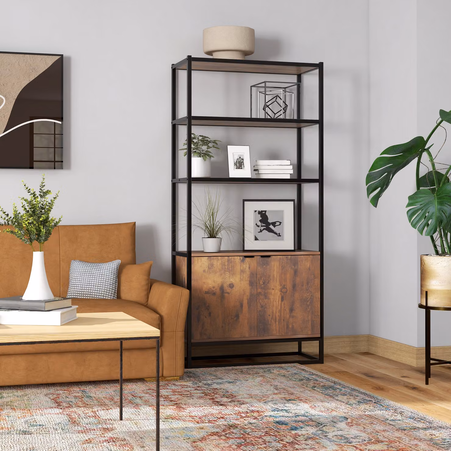Scaffale Libreria Vintage HOMCOM con 3 Ripiani e Armadietto, Design Industrial in Legno e Metallo Nero, L: 76 cm, P: 33 cm, H: 162.5 cm – 2