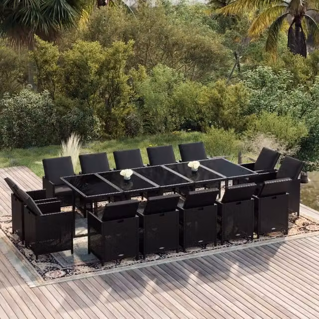 Set da pranzo da giardino vidaXL moderno in polyrattan nero con tavolo rettangolare estensibile in vetro e metallo