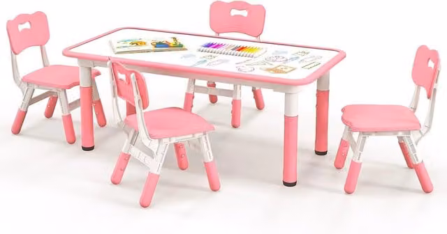 Set tavolo e 4 sedie per bambini Costway, scrivania regolabile in altezza con piano graffiti, colore rosa – 1