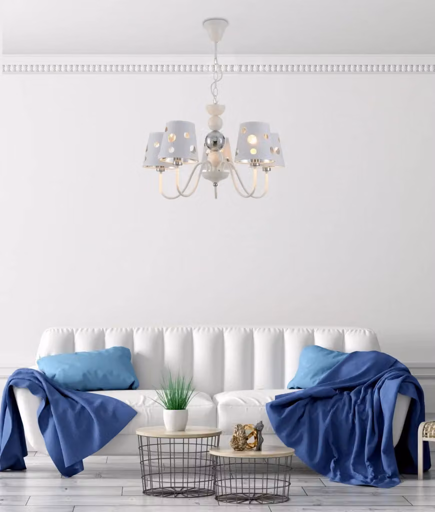 Lampadario a sospensione Candellux Batley moderno in metallo e tessuto bianco e argento, Ø 58 cm, 5 x E14, regolabile e dimmerabile – 2