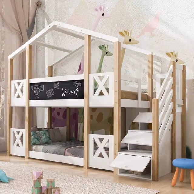 Letto a Castello per Bambini 90x200 cm a Forma di Casa sull'Albero con Scale e Cassetti Contenitore, Bianco e Naturale