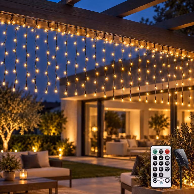 Catena luminosa a forma di fiocchi di neve, lunghezza 6x1 metro, 300 LED, alimentazione solare, con telecomando