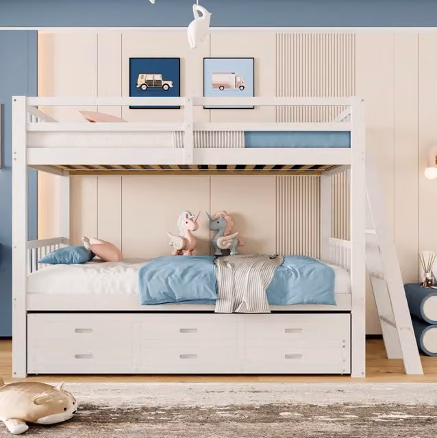 Letto a castello per bambini 90x200 cm con letto estraibile e 3 cassetti; legno di pino; bianco