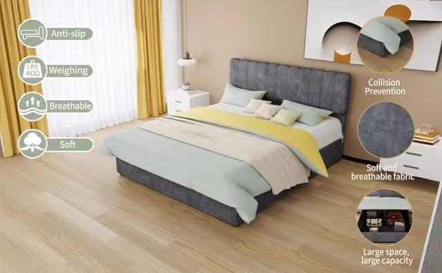 Letto matrimoniale moderno imbottito grigio 160×200 cm con testiera morbida, base contenitore rialzata e materasso incluso
