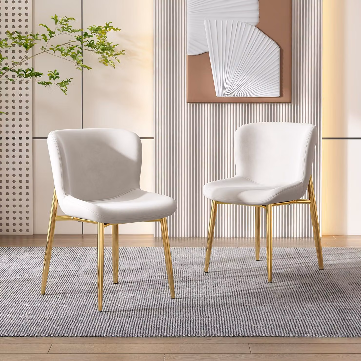 Set di 2 sedie da pranzo in velluto, colore bianco e oro - Sedie moderne con schienale robusto