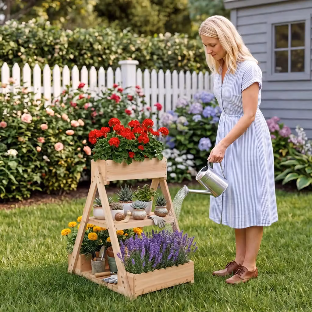 Orto rialzato da giardino DESIGN IN a 3 livelli in legno massello marrone con 3 vasi e 2 ripiani, fioriera per piante e fiori con sistema di ventilazione e drenaggio – 2