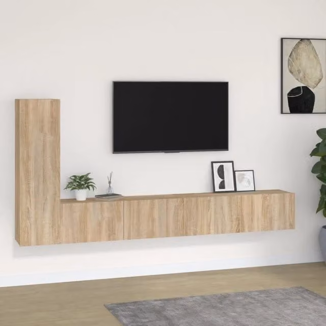 Set di mobili porta TV da soggiorno vidaXL in legno 3 pezzi, colore rovere e beige, stile classico con finitura opaca – 1