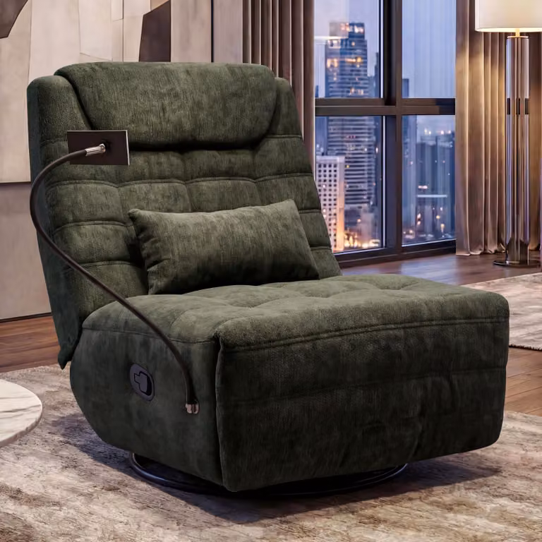 Poltrona relax HWC-P92, poltrona TV, girevole, funzione reclinabile, supporto per cellulare, tessuto ciniglia (260 g/m²) ~ verde