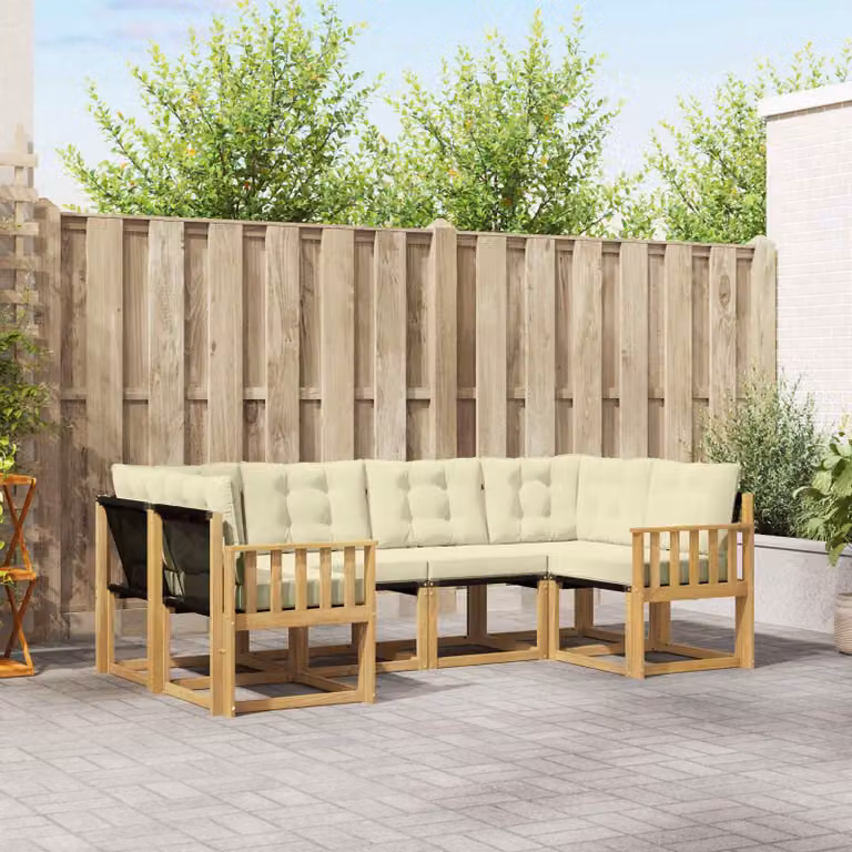 Set di divani da esterno vidaXL a forma di L composto da 6 pezzi in legno di acacia con cuscini bianchi e beige