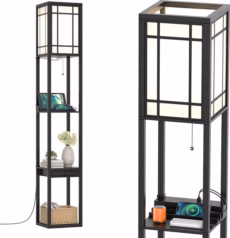 COSTWAY lampada da terra con 3 livelli, 2 porte USB, lampada da terra in legno E27, 160x26x26cm(linea)