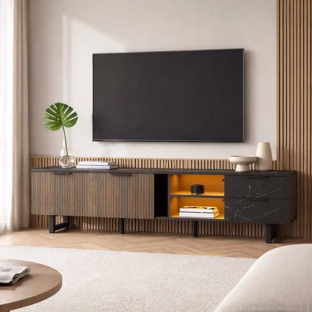 Mobile TV 200x38x50 cm nero in MDF con 2 ante, 2 cassetti e LED